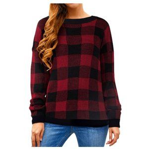 ZXZY Womens Plaid Print Long Sleeves Round Neck Checkered Pullover Sweater - Red